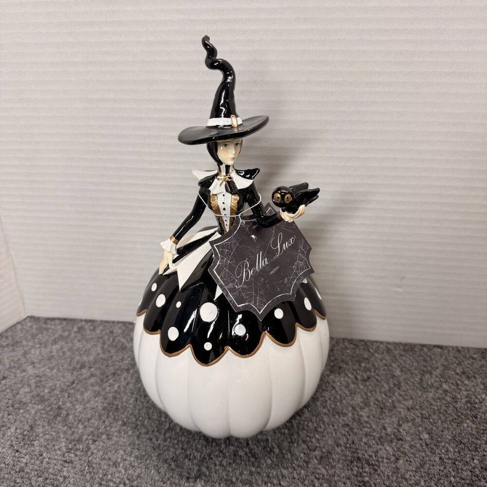Black White Polka Dot Pumpkin Witch Figurine Bella Lux Decor 10” Retro Table